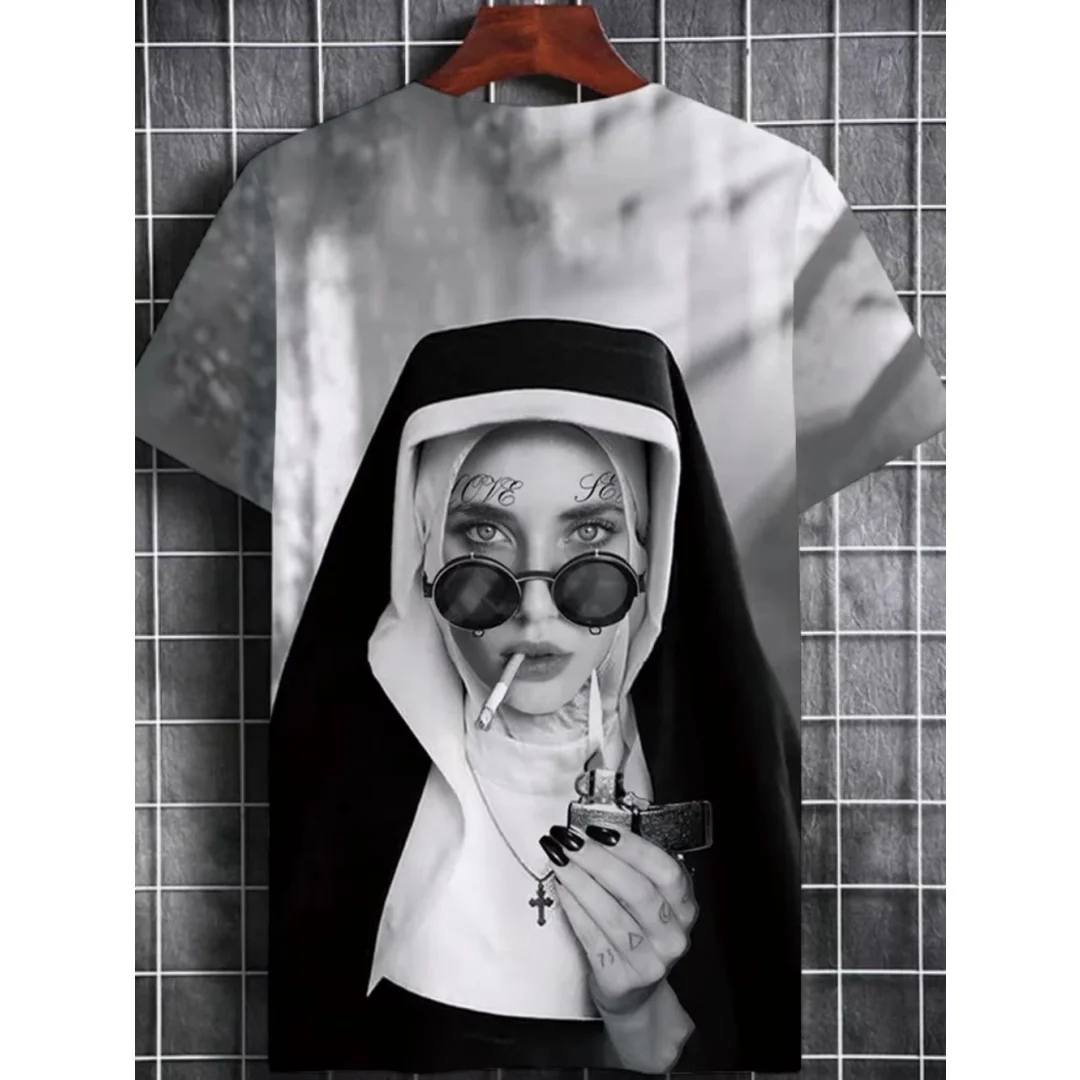 Kaos Sunglasses Rock Nun 3D Printing Musim Panas Olahraga Santai Cepat Kering Kaos Pria Pakaian Anak-anak Tee Y2k Wanita