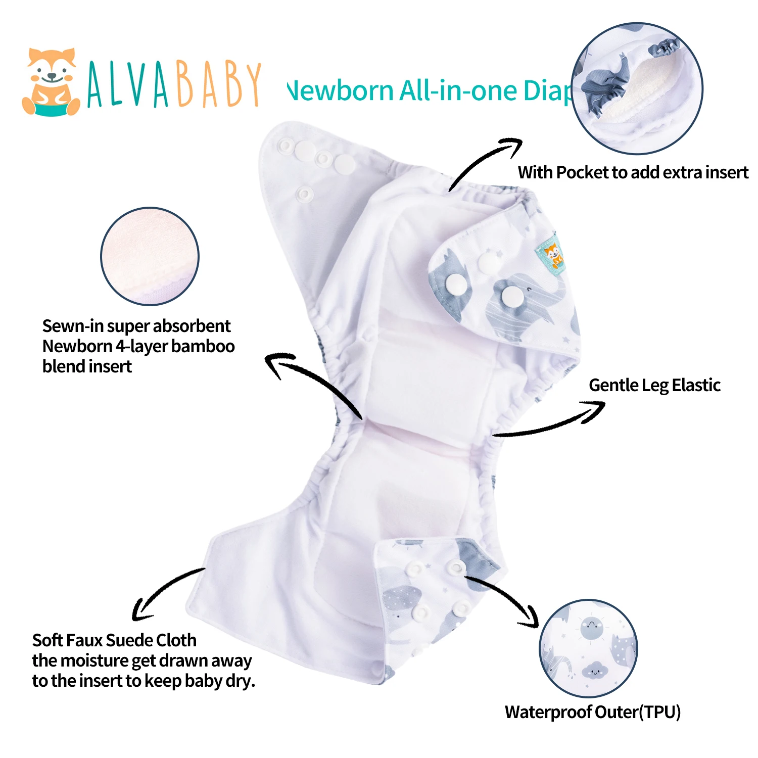 U Pick ALVABABY Newborn All-In-One Cloth Diaper with Pocket Sewn-in one 4-layer Bamboo Insert