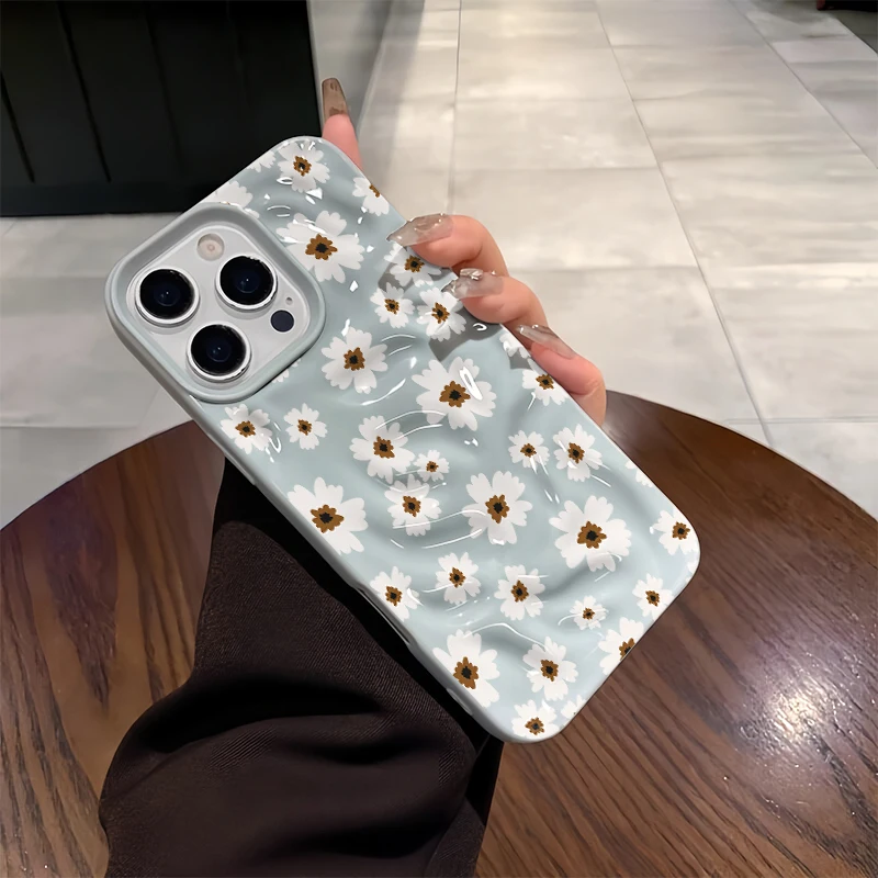 Shockproof Phone Case For iPhone 17 Air 13 12 Pro 11 16 Plus 15 14  Pro Max Painting Flowers Funda 3D Wavy Texture Bumper