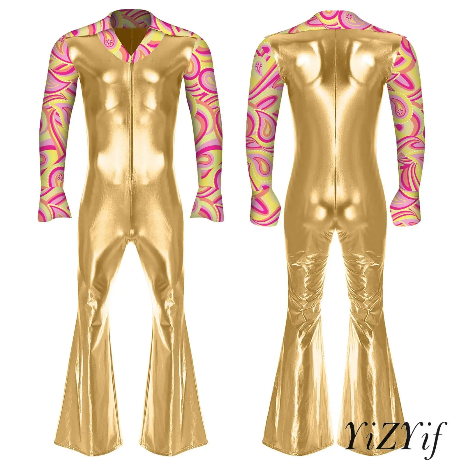 

Men Full Long V-neck Bell Bottom Pants Jumpsuit for Rock Jazz Dancer Musical Theme Vintage 70s 80s Disco Dress Up Costume