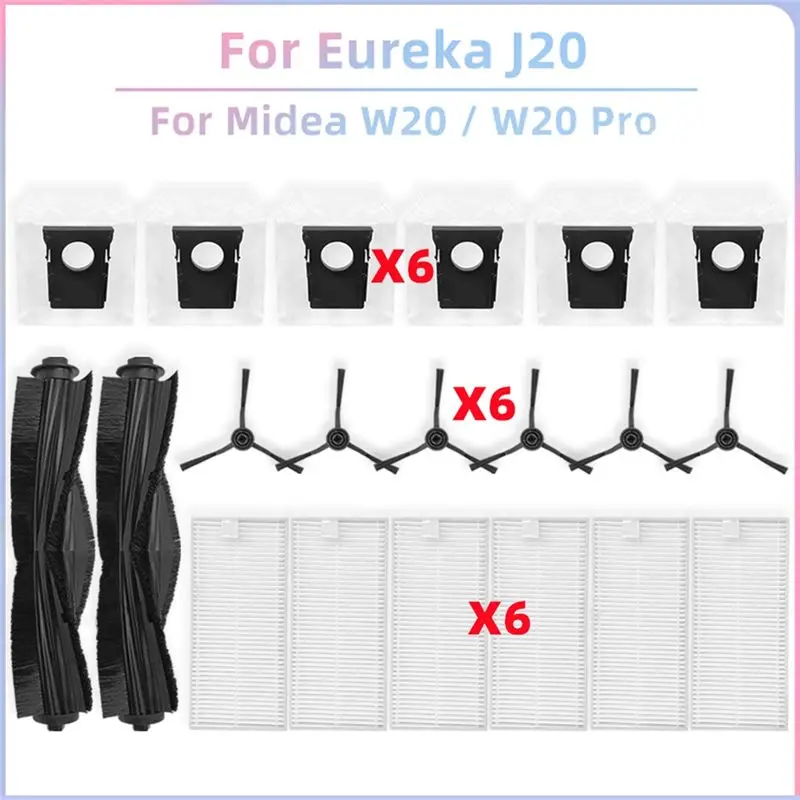 ABRW-For Eureka J20 / Midea W20 / W20 Pro Robot Vacuum Replacement Parts Roller Side Brush Hepa Filter Dust Bag Accessories