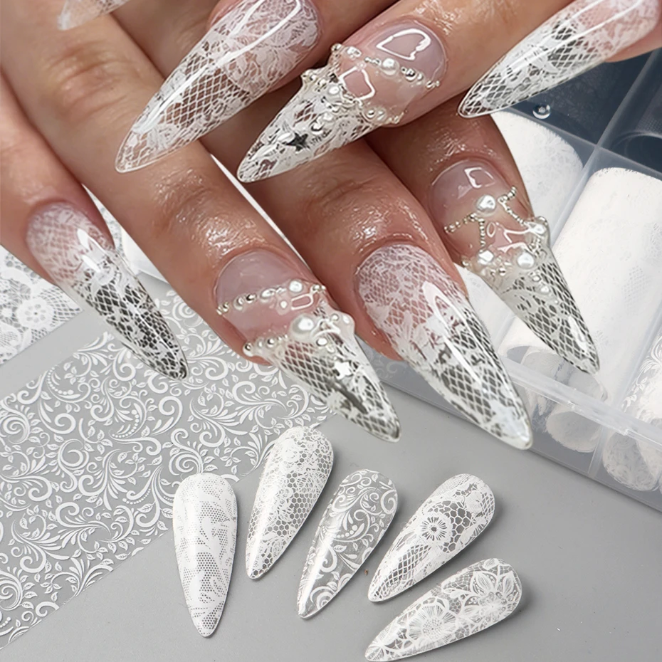 10 Rollen Schwarz-Weiß Spitzen-Nagelfolien-Transferaufkleber Elegante Schwarz-Weiße Spitzen-Fantasie Blumenmuster Sternenhimmel Papier-Nageldekoration – Detail 3