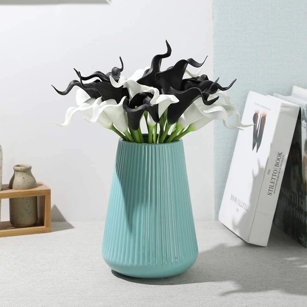 20Pcs Calla Lily Bridal Wedding Bouquet PU Artificial Flowers Arrangement for Home Office Party Decor(Black and White) HOT