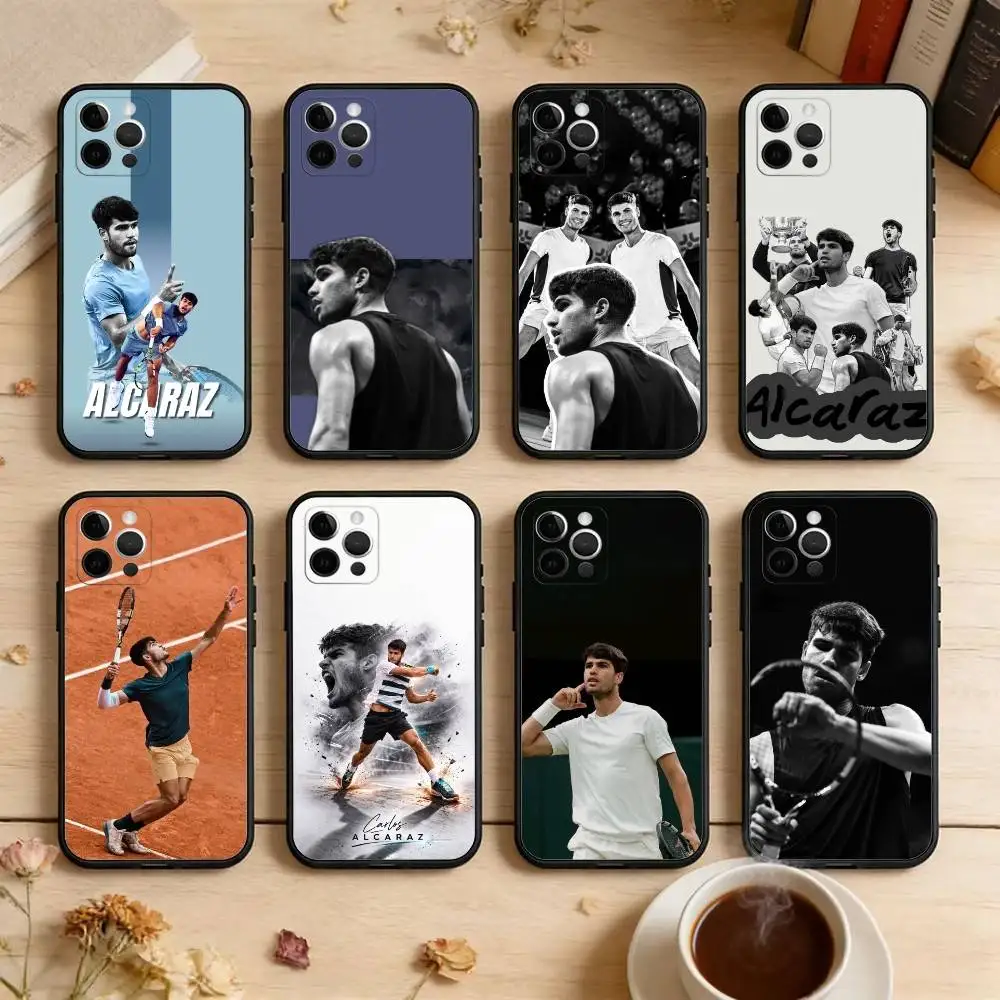 Funda de Silicona Suave Negra con Diseño del Campeón de Tenis C-Carlos A-Alcaraz para iPhone 17, 16, 15, 14, 13, 12, 11 Plus, Pro Max, XS
