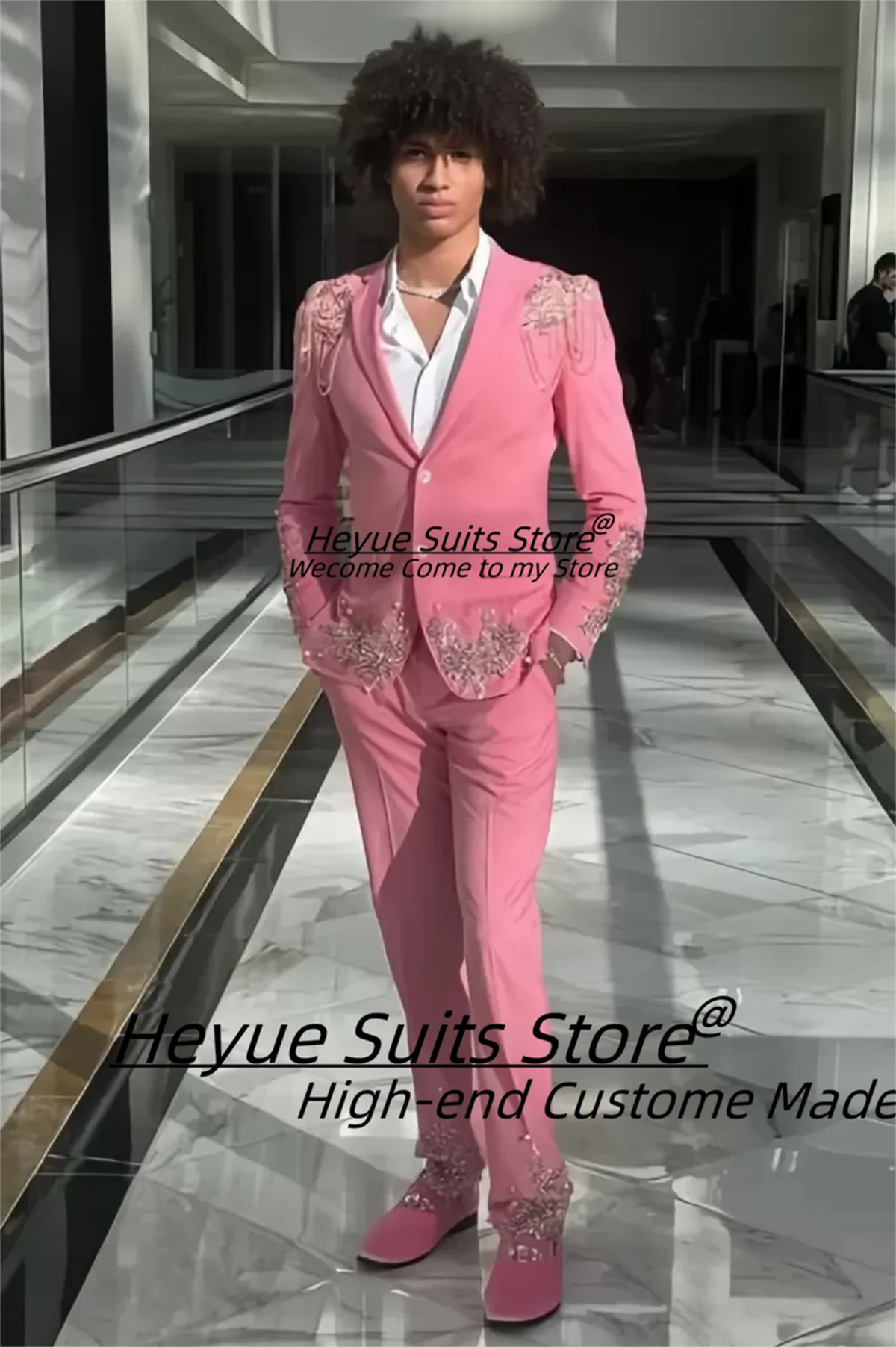 

Luxurious Pink Fashion Men Suits Customized Shiny Bead embroidery Groom Wedding Tuxedos 2Pcs Sets Male Party Blazers Ropa Hombre