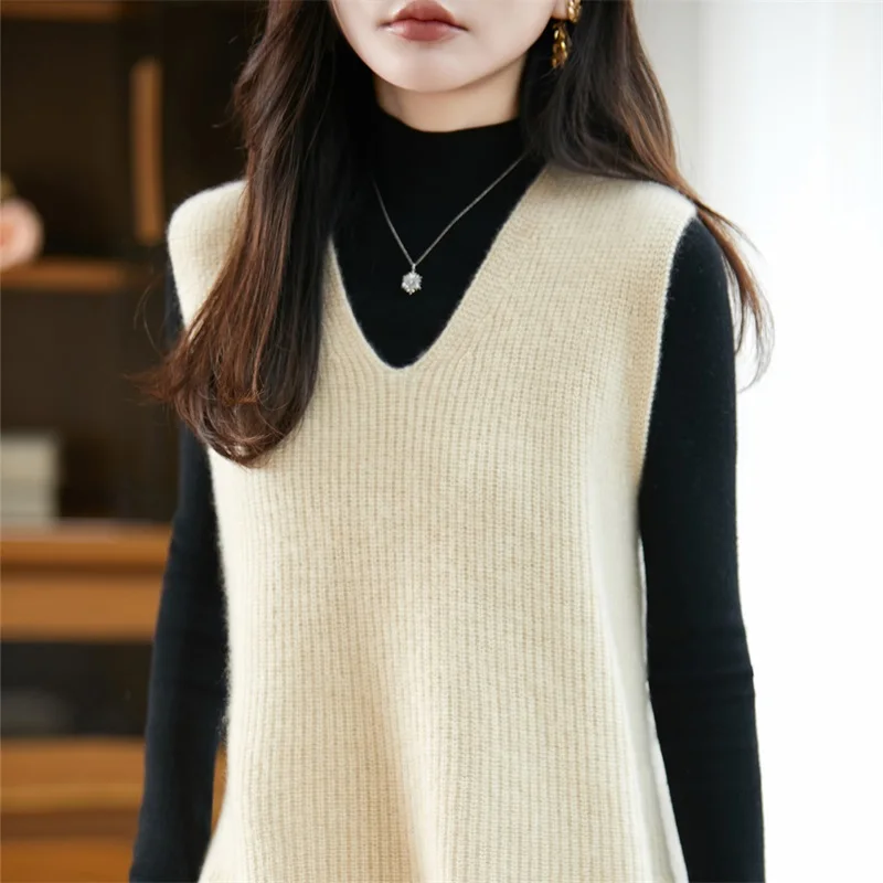 Outono inverno feminino 100% lã merino pulôver colete camisola com decote em v malhas cashmere macio solto estilo sem mangas roupas topo