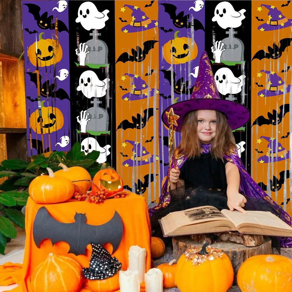 

Halloween Ghost Rain Silk Curtain Bat Boo Pumpkin Tombstone Ghost Festival Party Background Decor Happy Halloween Day 2025