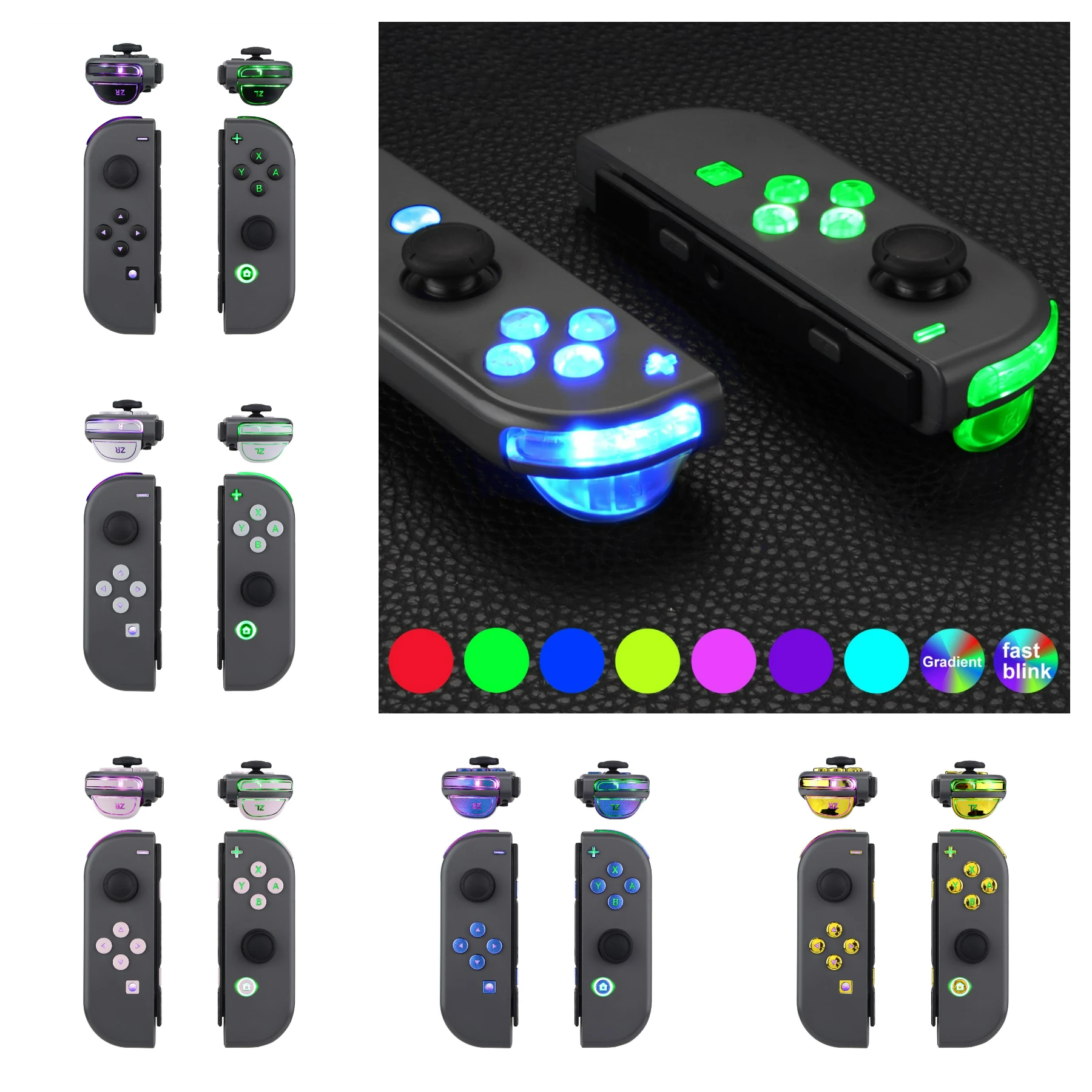 eXtremeRate 7 kolorów 9 trybów Zestaw DFS LED Wielokolorowe podświetlane klasyczne symbole Przyciski twarzowe dla przełącznika NS i JoyCon OLED