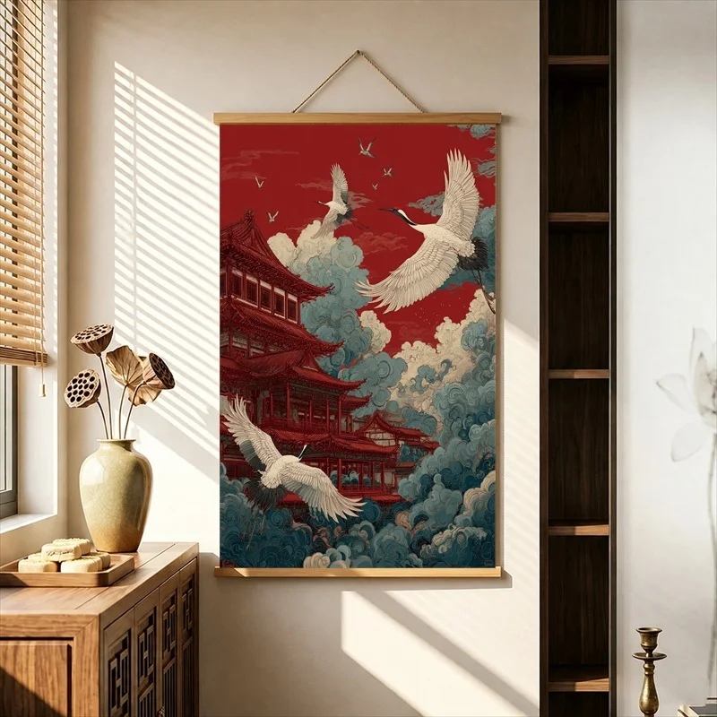 Wall Decorations White Cranes above Crimson Mountain Waves, Pearlescent Canvas Hanging Scroll for Boutique Hotel Interior Decor