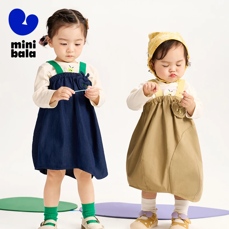 Mini Bala Set Girls Long Sleeve Set Skin-friendly Pure Cotton Stylish T-Shirt with Suspender Dress