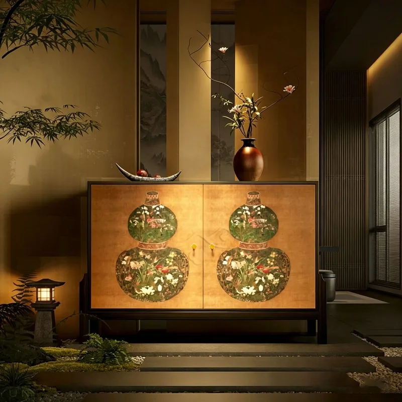 Solid Wood Entryway & Sideboard Combo, Oriental Style Plum Blossom Print Cabinet, Mid Century Multi-purpose Storage Furniture