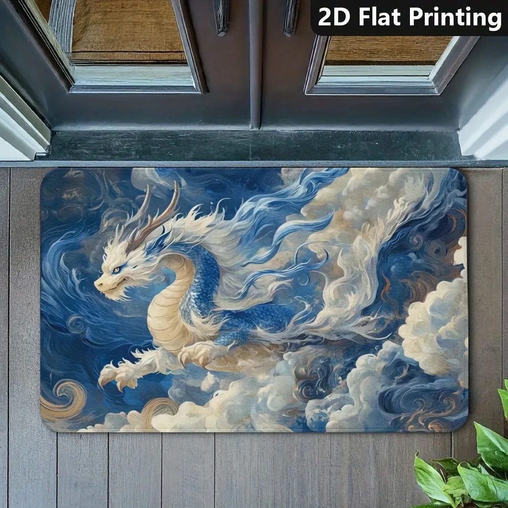 Oriental Blue Dragon Clouds Floor Mat - Traditional Myth Art Door Mat for Entrance Home Decor