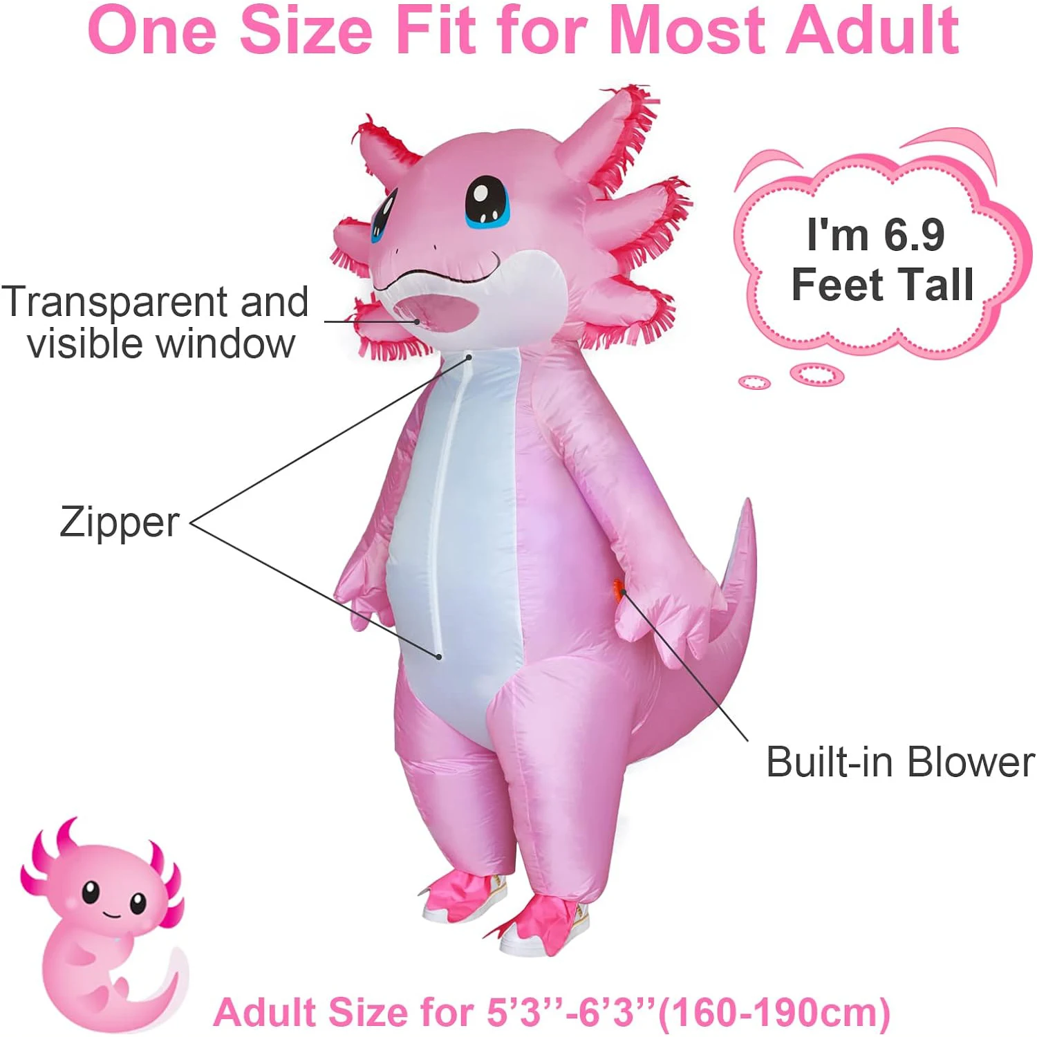 Axolotl Costumes Deluxe Halloween Air Blow up Costume Pink Salamander Inflatable Suit Costumes for Adult Women Men Cosplay Party