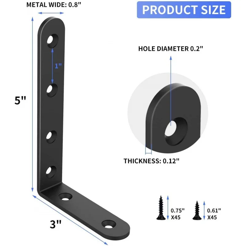 20 PCS Black Corner Bracket Heavy Duty Shelf Brackets 5 x 3 Inch L Corner Brace Joint Angle Bracket Shelves, Furniture Cabin
