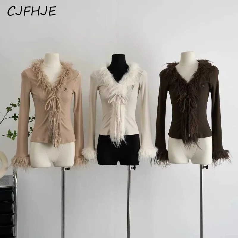 CJFHJE Y2k Aesthetic V-neck Jacket Women Korean Sexy Fashion Cardigan  Harajuku Vintage Bandage Fur Patchwork Coat Spring Chic