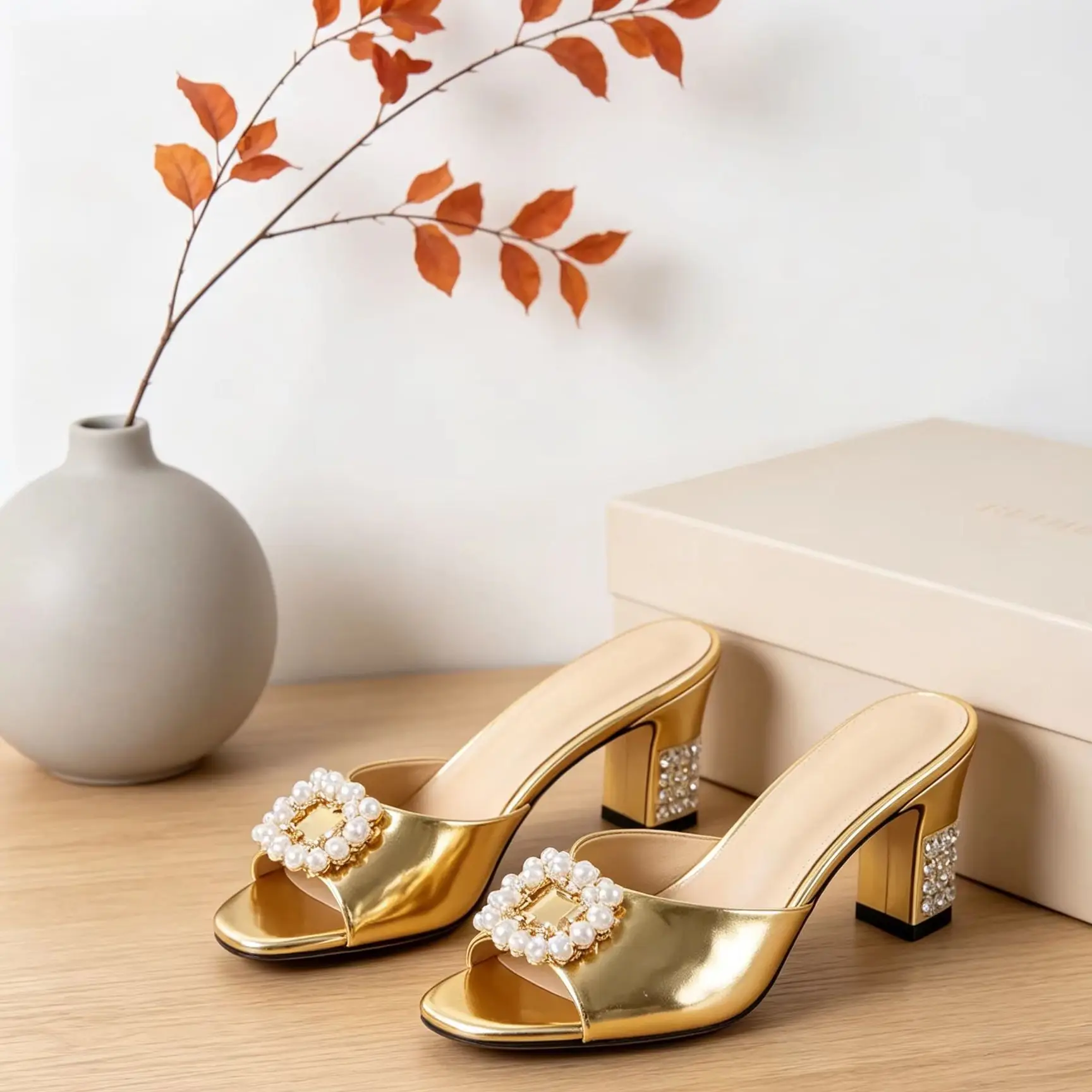 Golden Metallic Open Toe Women Slides Block Pumps Mid Heel Slip-on Pearl Slippers Rhinestone Mules Summer Dressing Daily Shoes