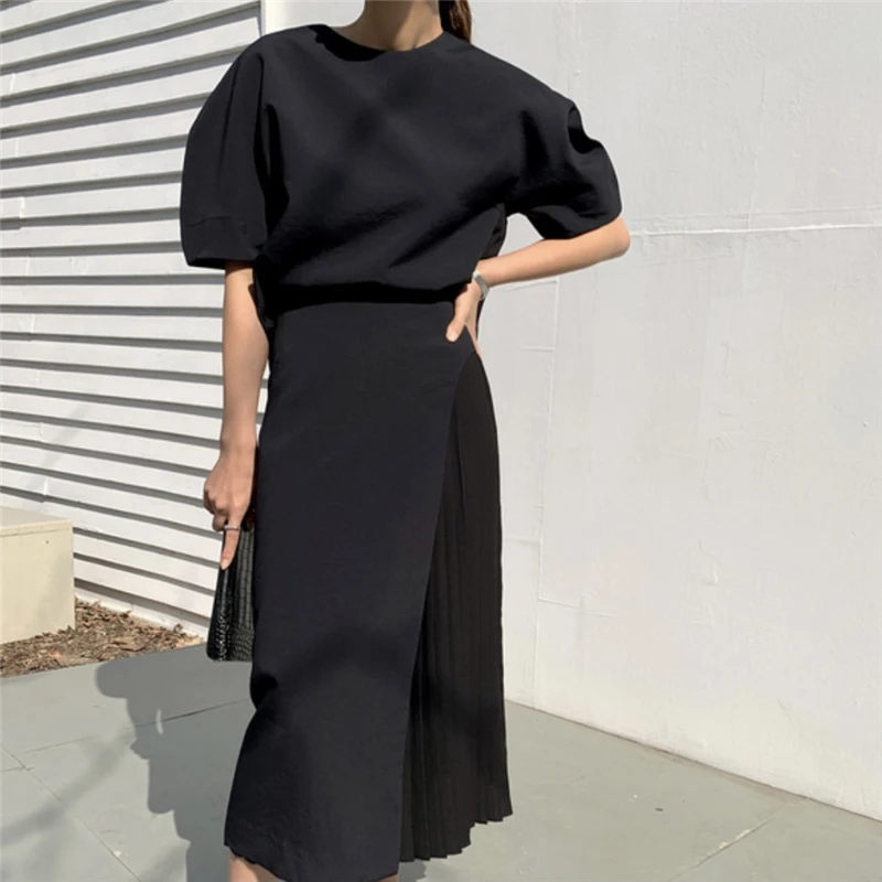 Elegant Spring Summer Two Pieces Set For Women O Neck Half Sleeve Solid Simple Top+A Line Pleated Skirt Female Casual Suit