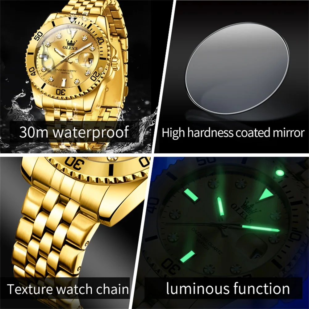 OLEVS-Reloj de pulsera de acero inoxidable para Hombre, cronógrafo luminoso de alta calidad, resistente al agua, con fecha automática, dorado, Serie de buceo