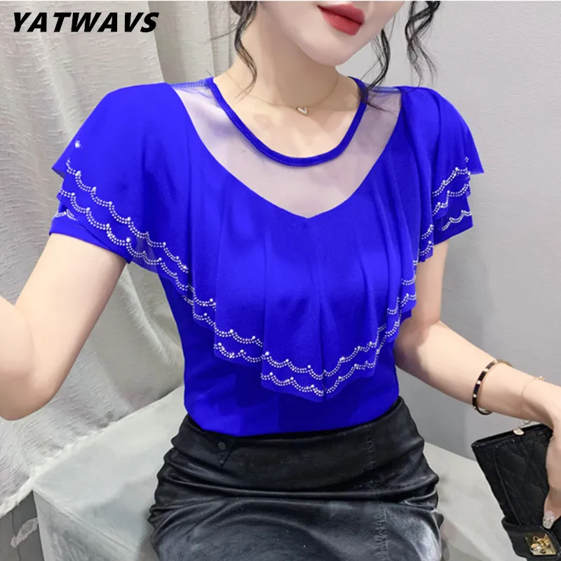 

New Chic Summer Elegant Women T-Shirt Clothes Sexy Luxury Shiny Diamonds Tops Short Sleeved Ruffles Hollow Out Mesh Tees Blusas