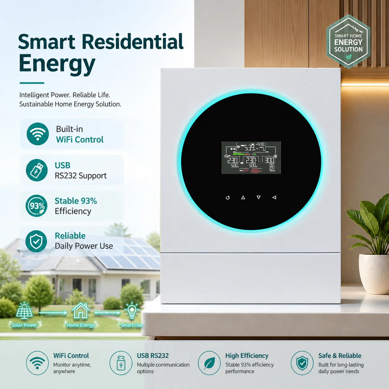 6kW Hybrid Solar Inverter Pure Sine Wave Single Phase Built In WiFi MPPT USB RS232 93 Efficiency For Residential Home Use