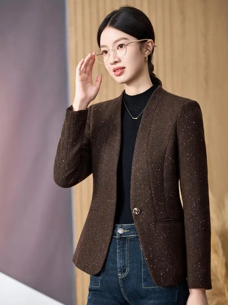 

Korean Fashion Women Purple Grey V Neck Elegant Versatile Blazer Coat Autumn Winter Brown Single Button Long Sleeve Short Jacket