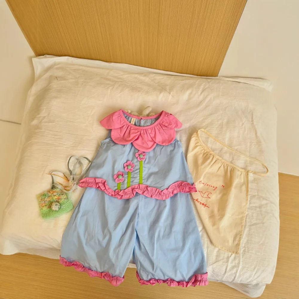 Girls' New Summer 2025 Baby Casual Thin Sweet Vest Petal Collar Set Little Girl Summer Wear