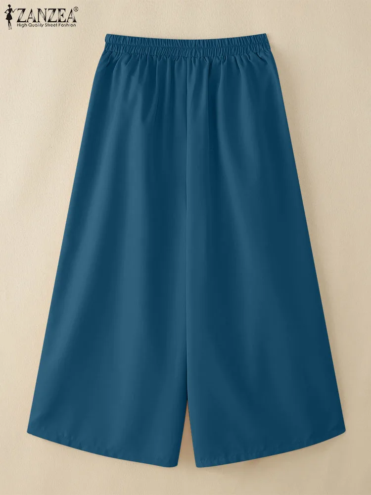 ZANZEA Pantaloni estivi larghi leggeri a gamba larga Pantaloni casual da donna con elastico in vita Pantaloni palazzo da indossare da giorno Pantaloni corti solidi