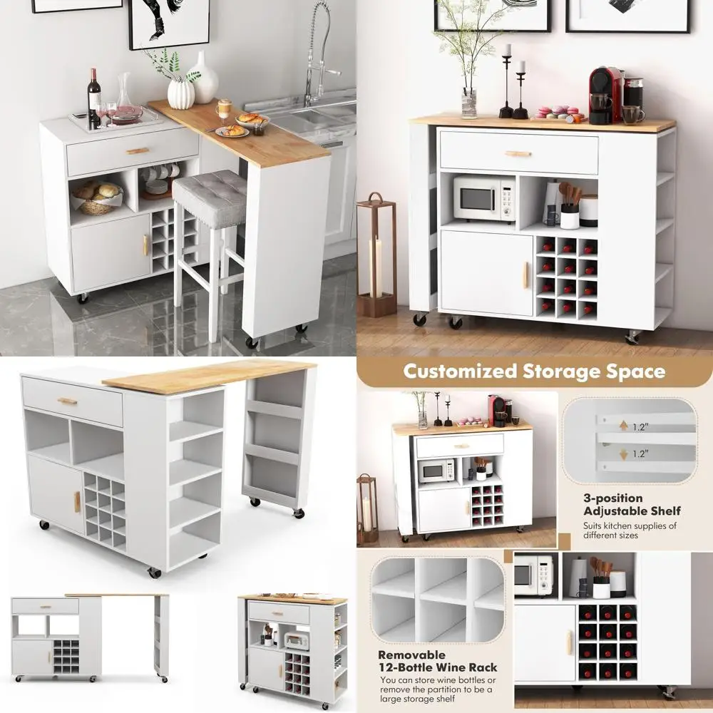 

Mobile Kitchen Island Cart, 4-in-1 Reversible Serving Cart Bar Table Combo, Storage Cart on Wheels w/Rubber Wood Top, Adjustable