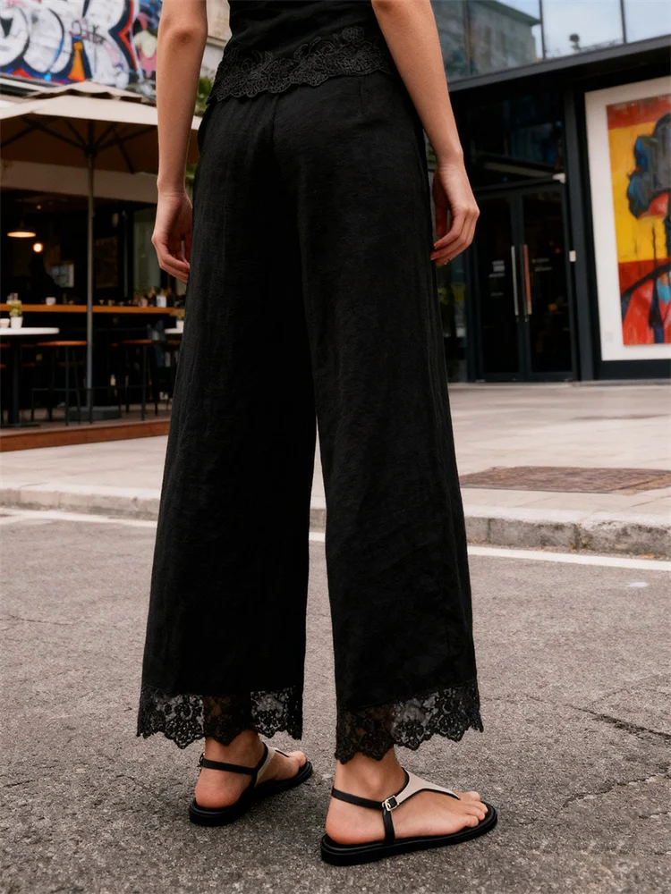 CHRONSTYLE กางเกงสตรีฤดูใบไม้ผลิฤดูใบไม้ร่วงแต่งลูกไม้ลำลองทรงหลวมมีสไตล์สีทึบกางเกงขาตรงเอวกลาง