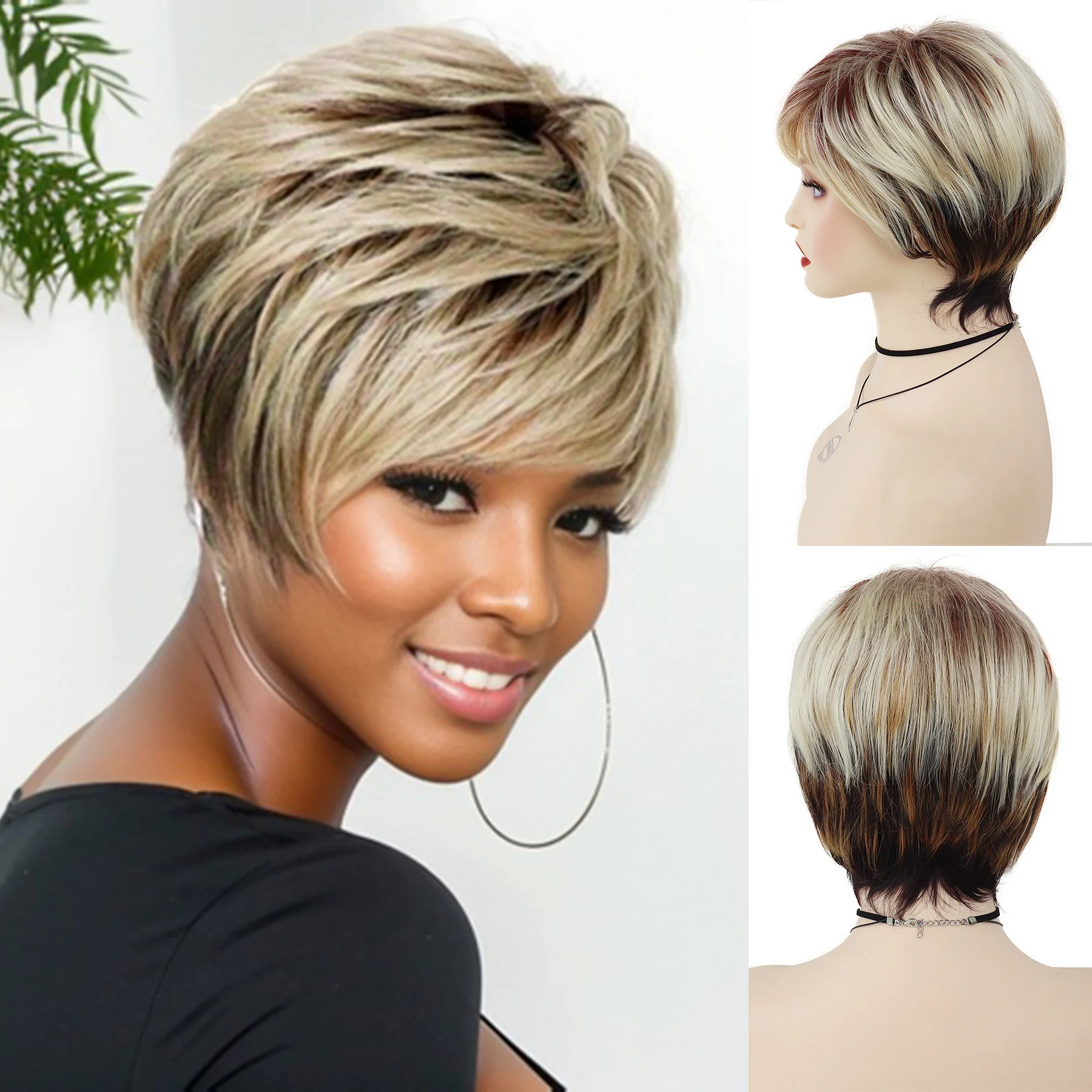 

Blonde and Brown Mixed Color Hair Synthetic Wig for Black Women Short Pixie Cut Wig Mommy Hair Replacement Wigs Daily Party Use