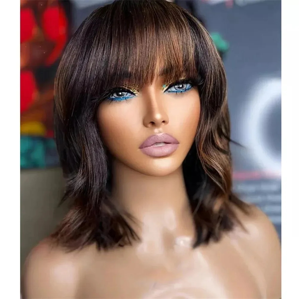 

Dark Brown Highlight Blonde Wig With Bangs Short Natural Wave Lace Front Wig 180 Density Heat Resistant Synthetic Hair for Women