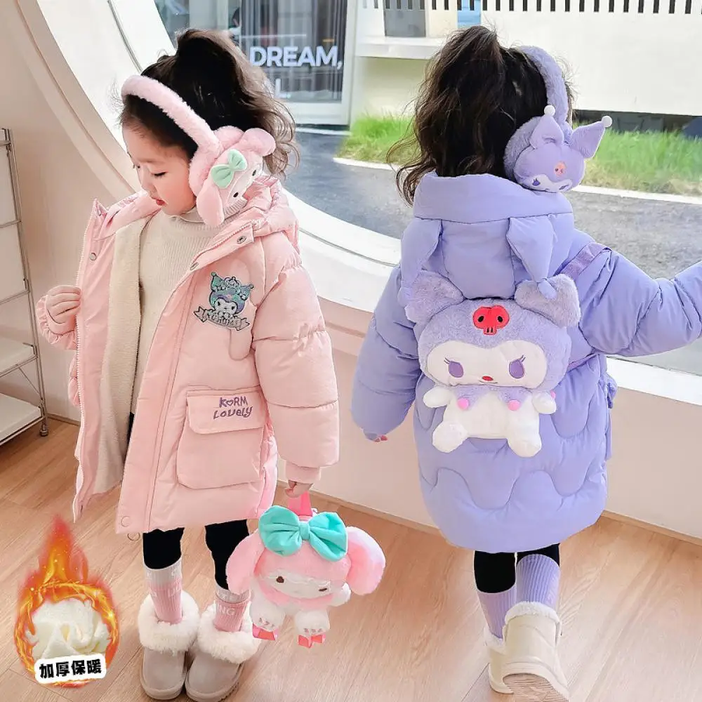 Cute Girls Kuromi Thicken Cotton Coat Sanrio Cartoon Plus Velvet Cotton Padded Jacket Kawaii Princess Kids Winter Warm Clothes