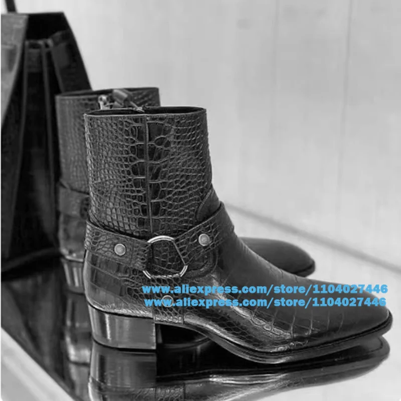 Metal Rings Chelsea Boots Black Crocodile Pattern Side Zipper Men Booties British Style Heightened Trendy Luxury Handmade Boots