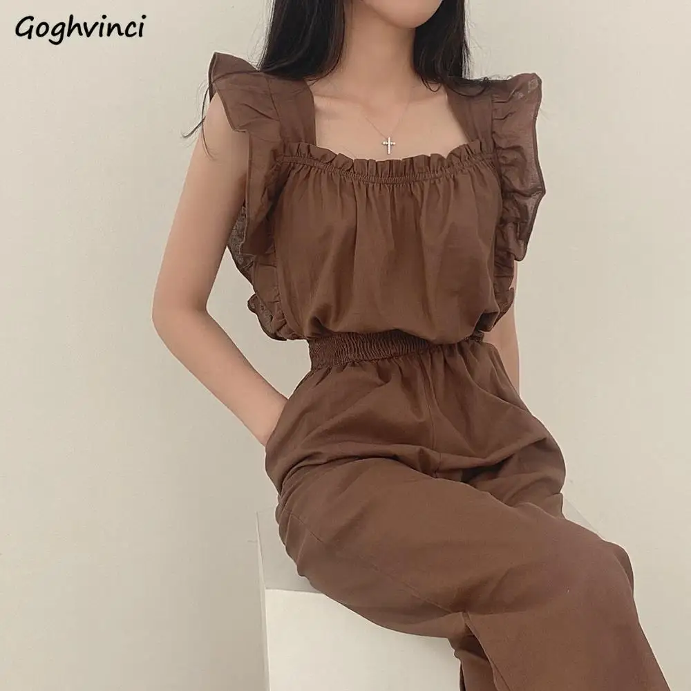 

Jumpsuits Women Summer Graceful Pure Chic Defined Office Lady Ruffles Designed Flying-sleeve Vintage Aesthetic Square Collar New