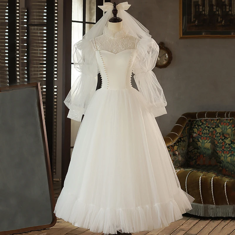 AnXin SH principessa fiore pizzo bianco vintage collo alto manica lunga a sbuffo sposa abito da sera personalizzato piccolo abito bianco