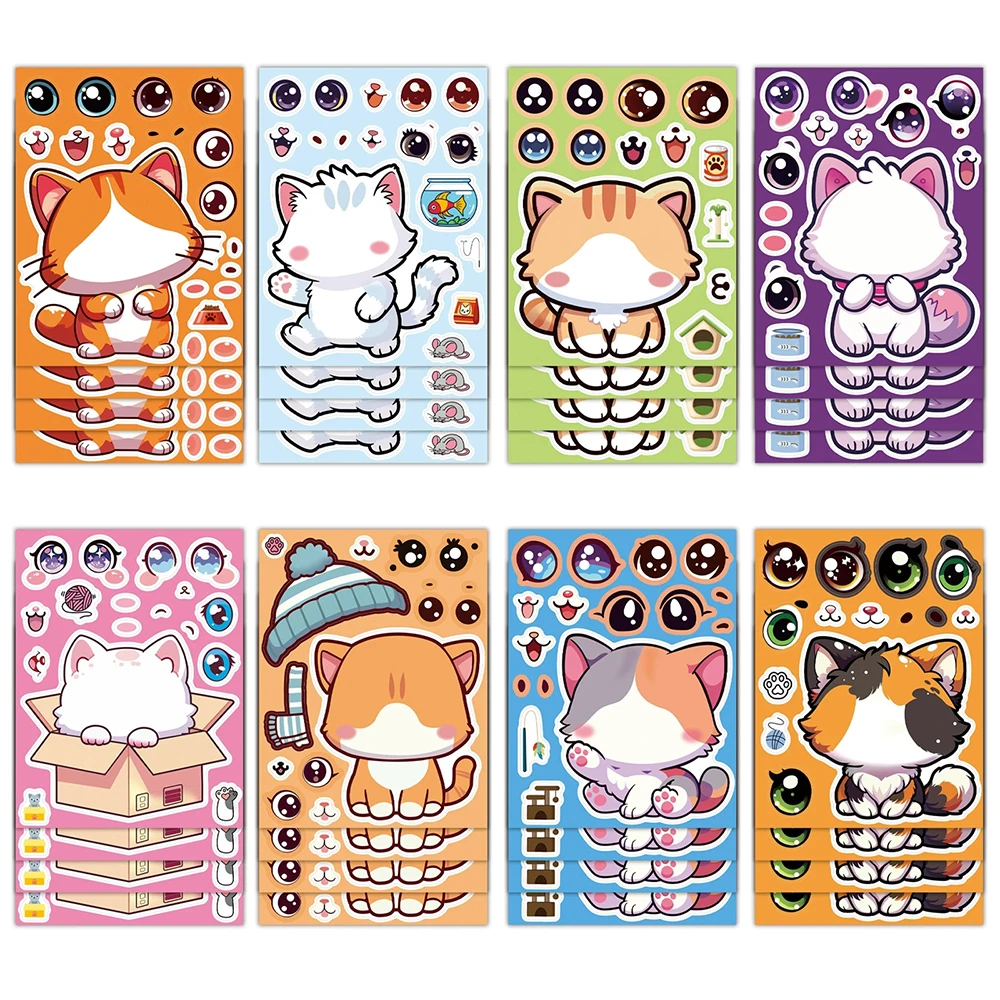 

8/16sheets Make a Face Cartoon Cat Puzzle Stickers Cute Anime Kitten Children Assemble Jigsaw DIY Decals Funny Theme Party Gift
