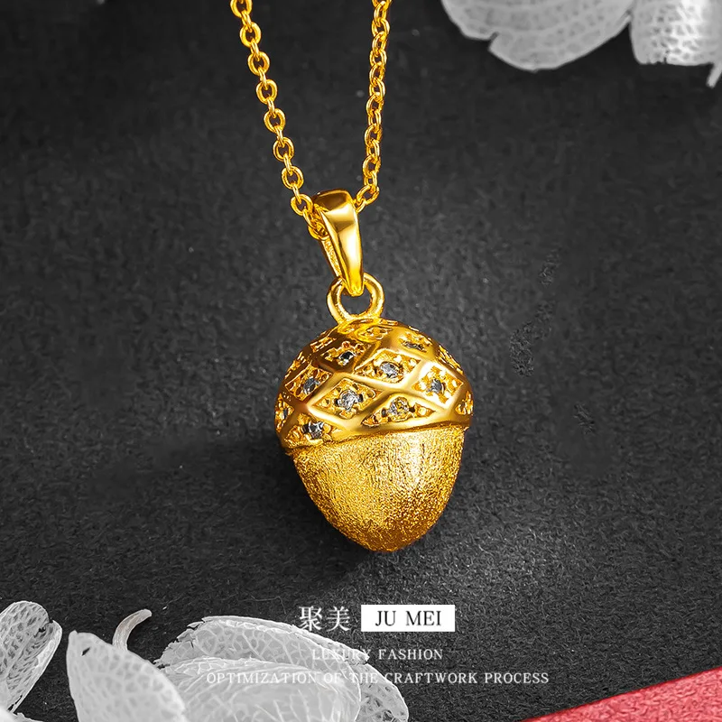 

Luxury 24K 9999 Pure Gold real gold Brushed diamond-encrusted small pine nut pendant necklace