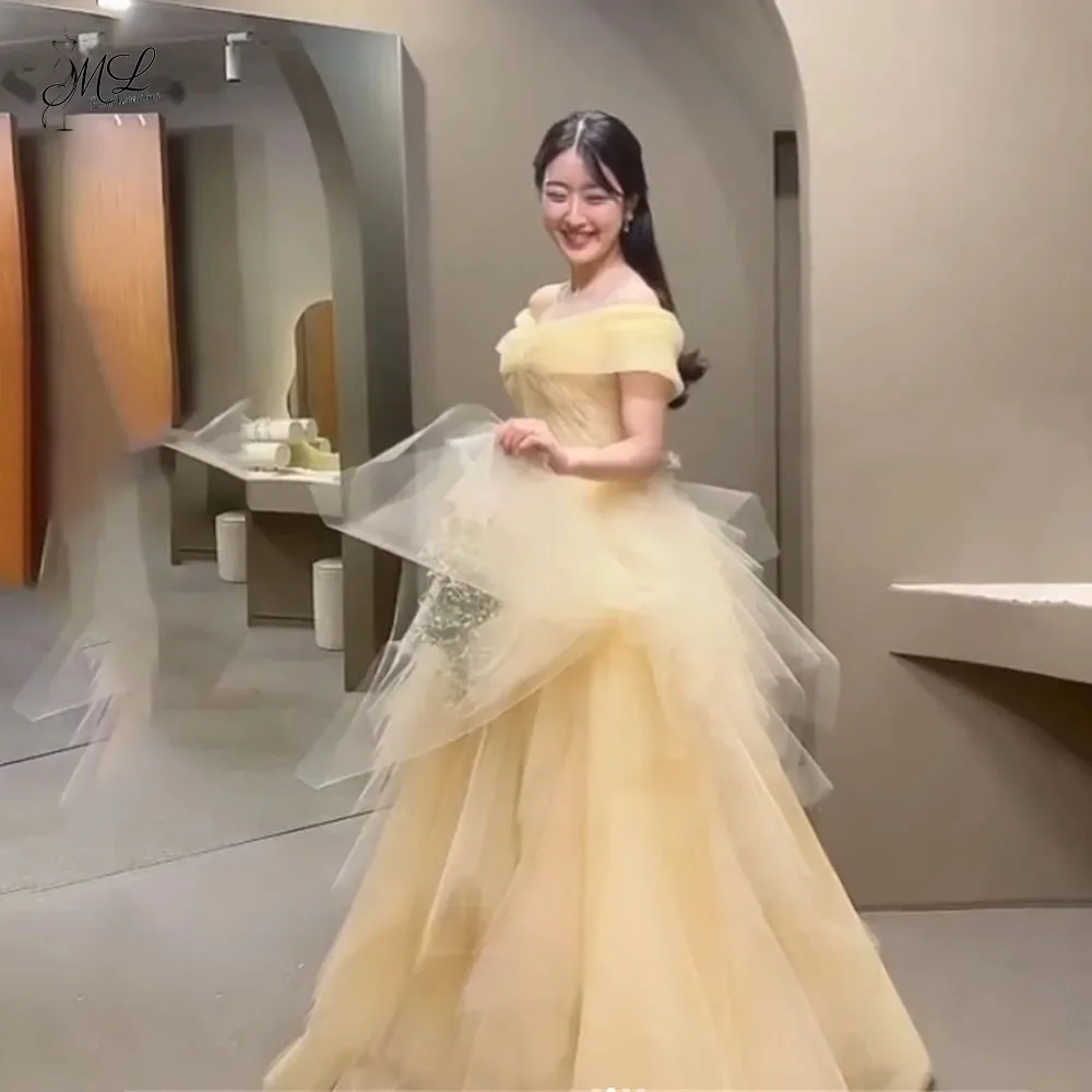 

ML Princess Pale Yellow Ball Gown Sweetheart Collar Korea Evening Dresses Corset Back Tiered Tulle Wedding Photos Shoot Custom