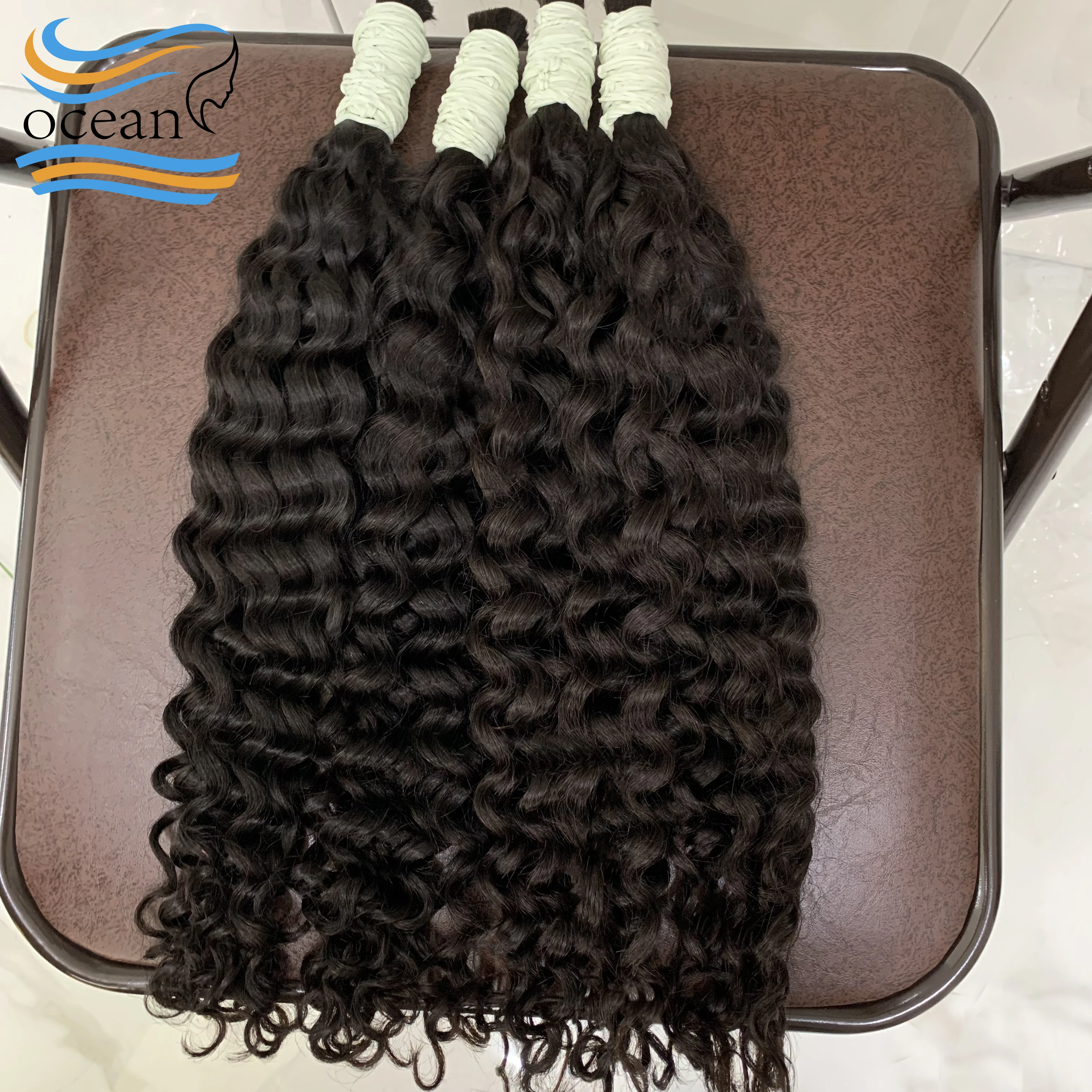 인모 땋기용 헤어 2묶음/팩 100g 18인치 내추럴 딥 웨이브 곱슬머리 벌크 100% 인모 땋기용 웨프트 없음 10A