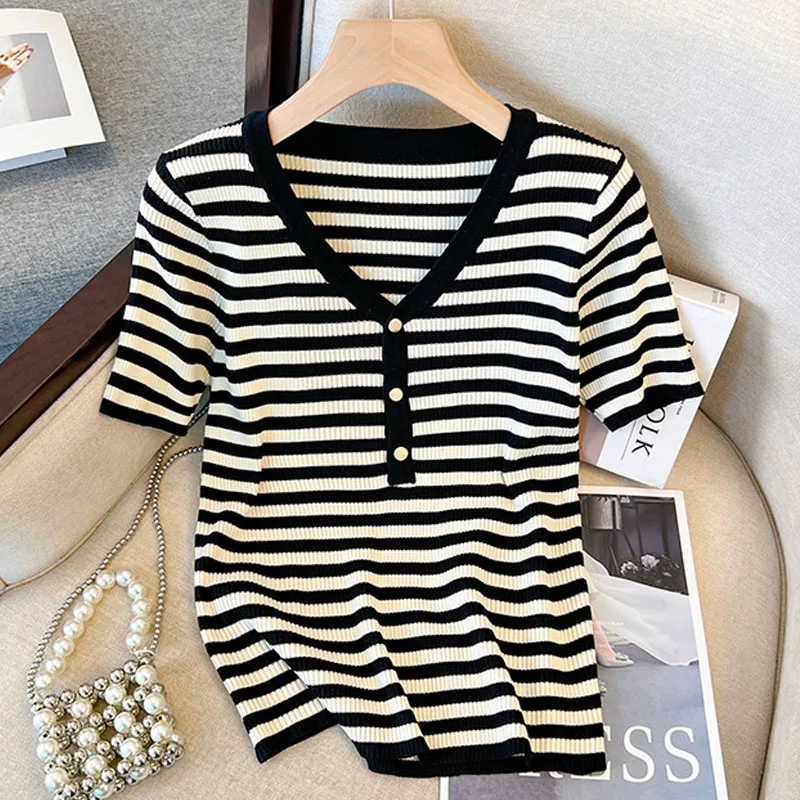 니트웨어 반팔 스트라이프 니트 스웨터 여성 풀오버 새로운 V넥 니트 스웨터 풀오버 여성 탑스 스웨터 페미니노 Q2706