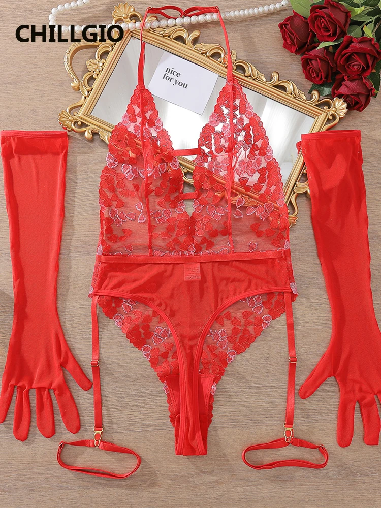 CHILLGIO Donne Sexy Cuore Ricamo Tute di Pizzo Guanti Maglia di Un Pezzo Tutina Ins Trasparente Erotico Halter Pagliaccetti Lingerie