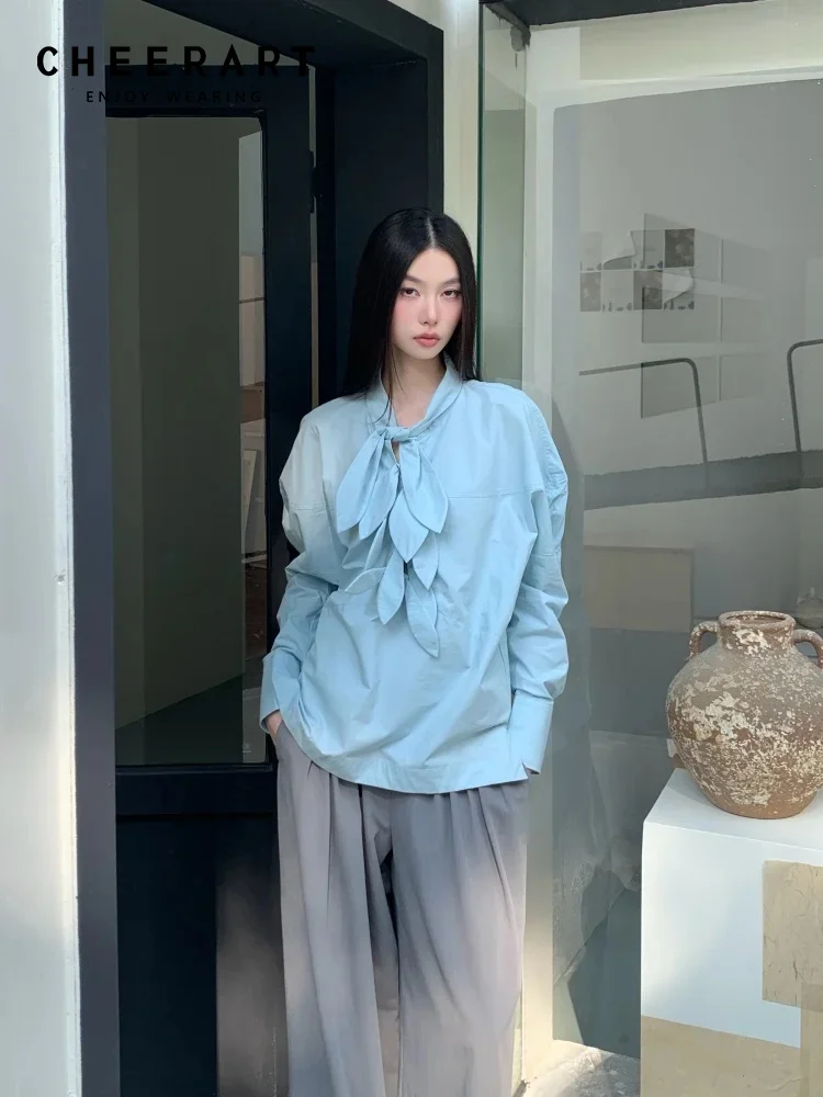 

CHEERART Rabbit Ear Designer Blue Long Sleeve Top And Blouse Fashion 2026 Woman Tie Collar Cute Top Spring Clothes