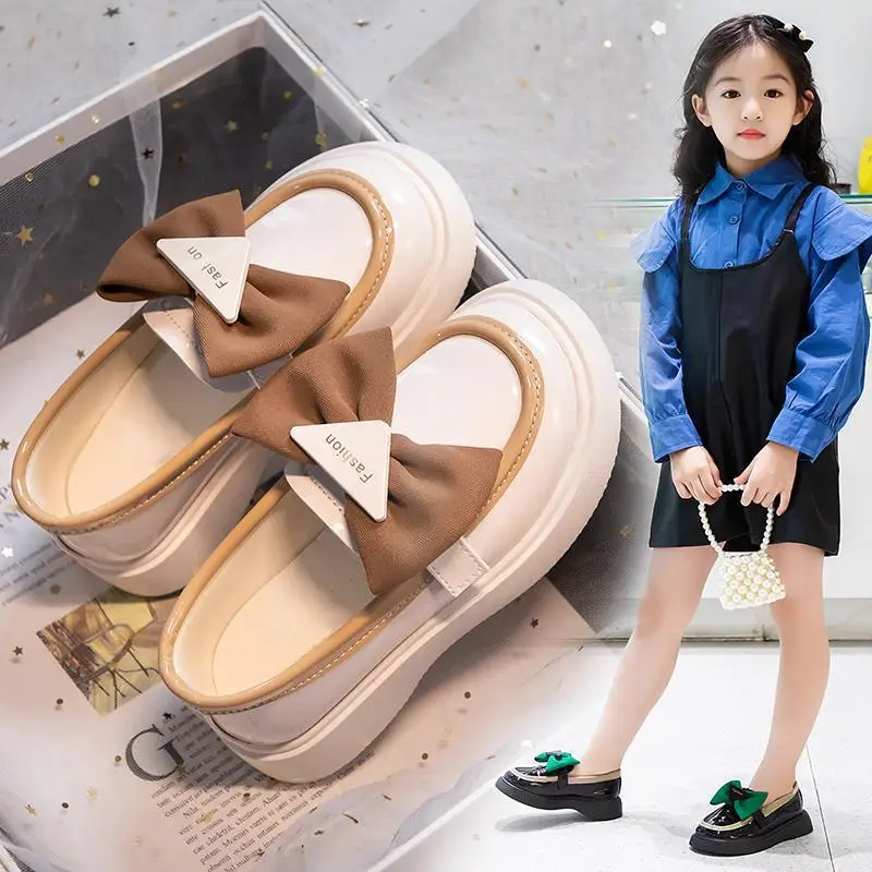 

Japanese Sweet Princess Casual Leather Shoes Bow Kids Round Head 2023 Spring Non-slip Children's Fashion Loafers Glossy Elegant