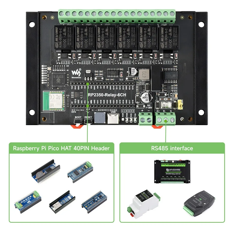 Modul Relay RP2350 6 Saluran Industri, Antarmuka RS485 / Pico HAT Terpasang, Dengan Berbagai Sirkuit Perlindungan Isolasi