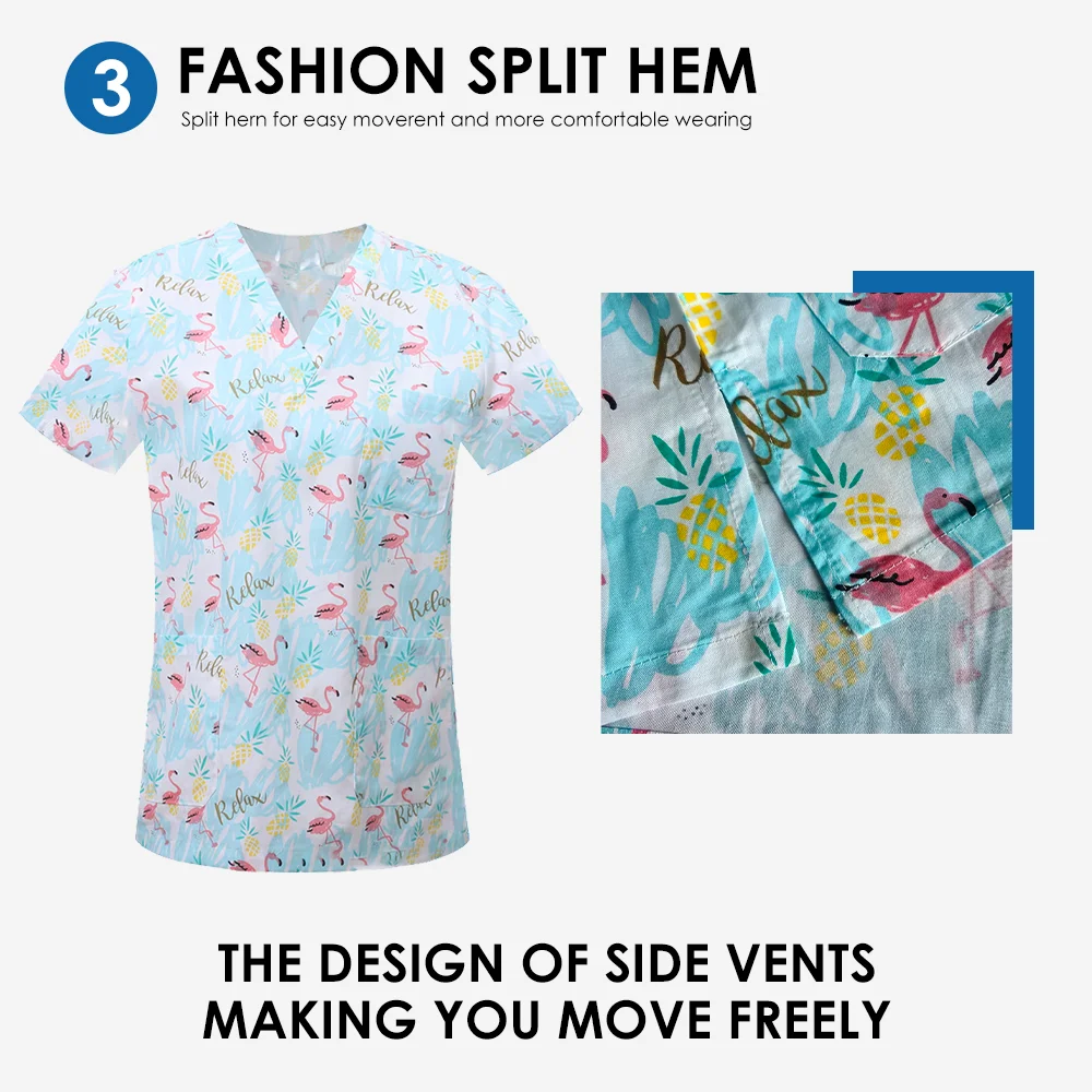 여성용 귀여운 동물 & 꽃무늬 프린트 V넥 클리닉 스크럽 반팔 패치 포켓 상의 수술복 남성용 의료 유니폼