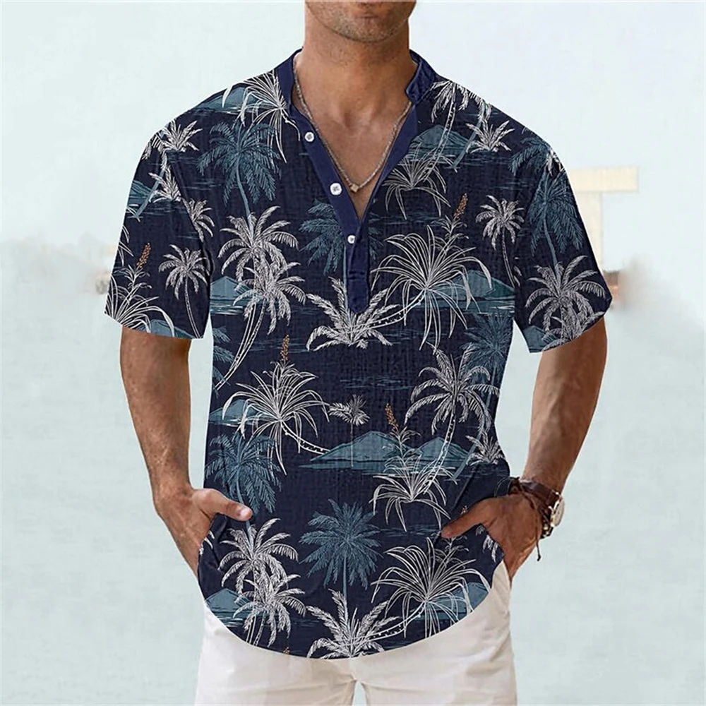 Coconut Tree 3D Print Beach Henley Shirts Men's Casual Oversized Button Stand Collar Short Sleeve T Shirt Tees Tops Man Clothing