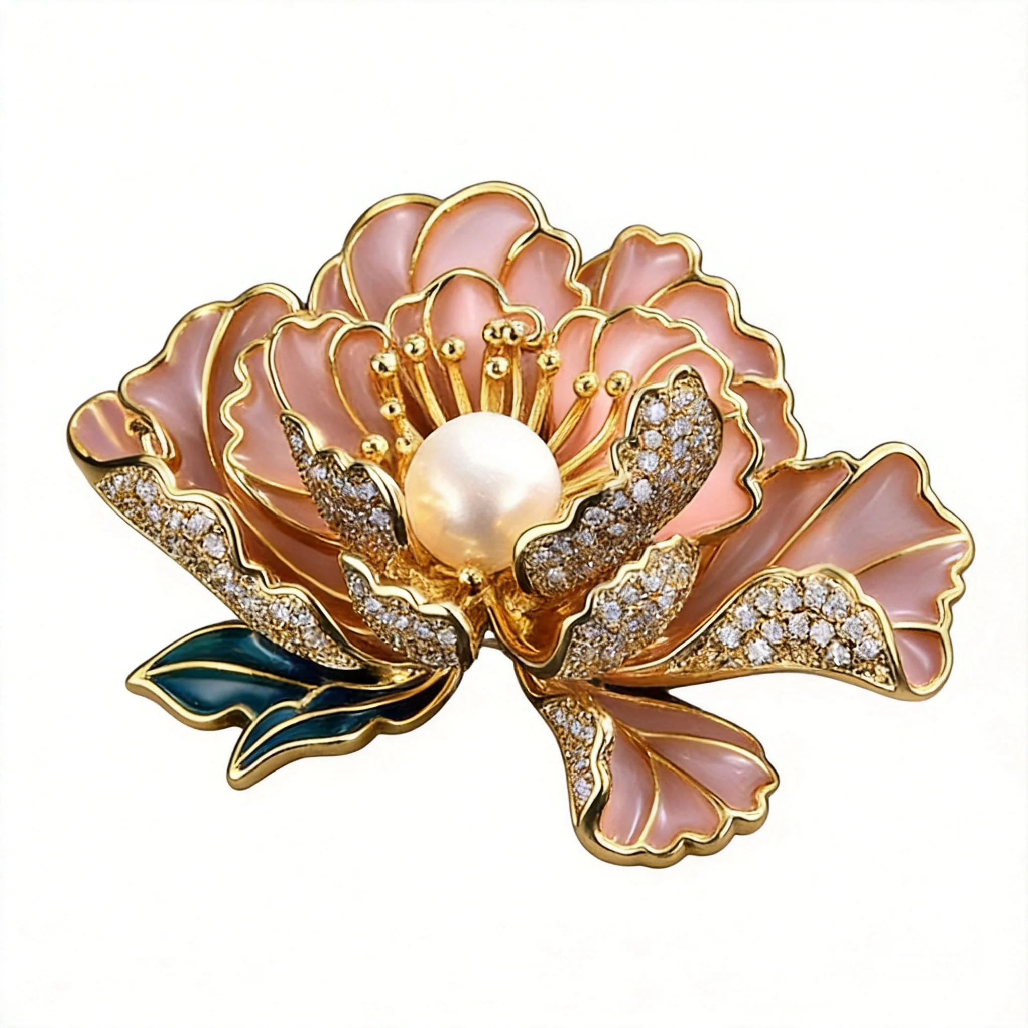 

Chinese Style Lucky Blessing Peony Brooch Gold Plated Enamel Imitation Pearl Shiny Cubic Zirconia Elegant Jewelry For Women Suit