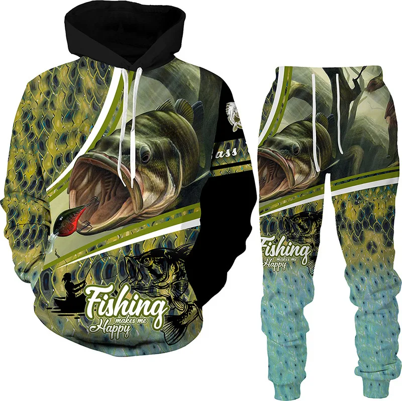 Men Women Hoodie Pants 2Pcs Set Tracksuit Harajuku Camo Love Fishing Hunting Camping Clothes Fashion Outdoor Sportswear S-6XL