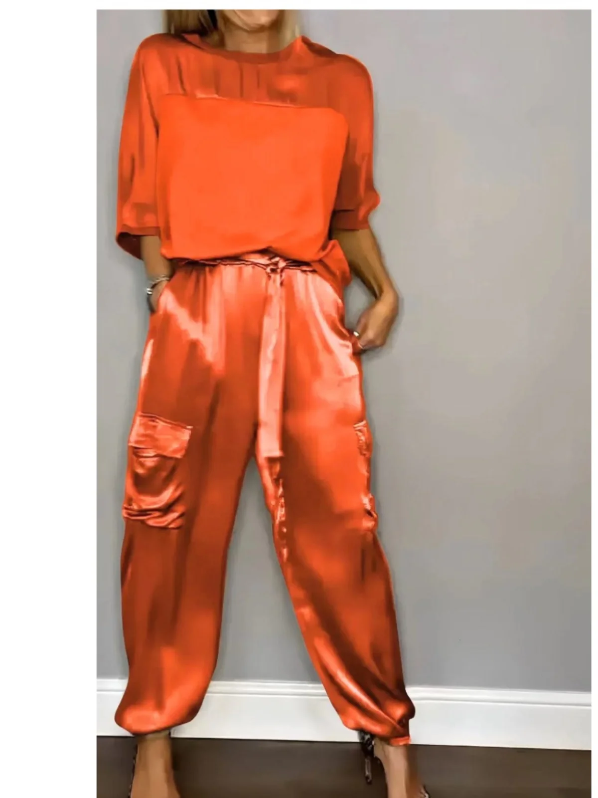 Spring Summer  Color Block Smooth Satin Half Sleeve Loose Long Pants Casual Sport Two Piece Set round Neck Short Sleeve image 3