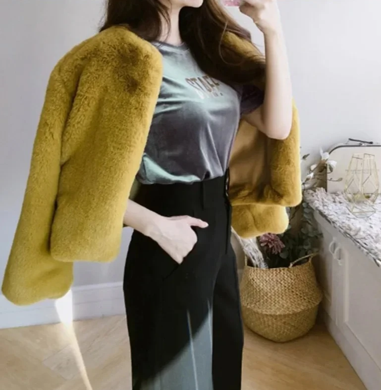 秋冬厚手ファッションイミテーションラビットファーショート高級ショートファーコートカジュアルコートレディースファーコート